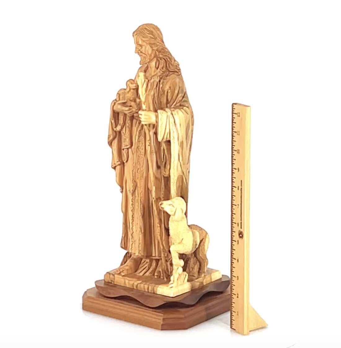 Good Shepherd statue hand carved from Bethlehem olive wood, 16.5 inch three quarter view of the religious piece