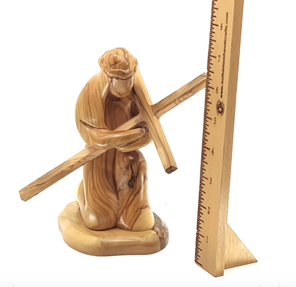 Jesus Christ olive wood cross from Bethlehem hand carved, 7.1 inch side angle of the olive wood sculpture