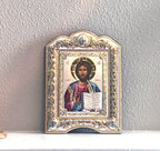 Jesus Christ Christian icon hand made in Bethlehem, side angle of the silver sculpture