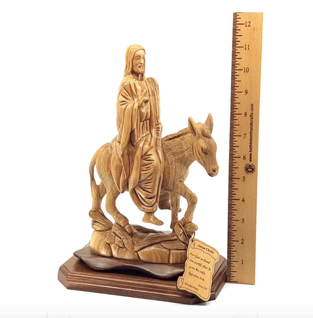 Jesus Christ statue hand carved from Bethlehem olive wood, 11.2 inch side angle of the olive wood sculpture