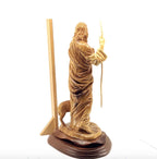 Good Shepherd statue hand carved from Bethlehem olive wood, 12.6 inch three quarter view of the religious piece