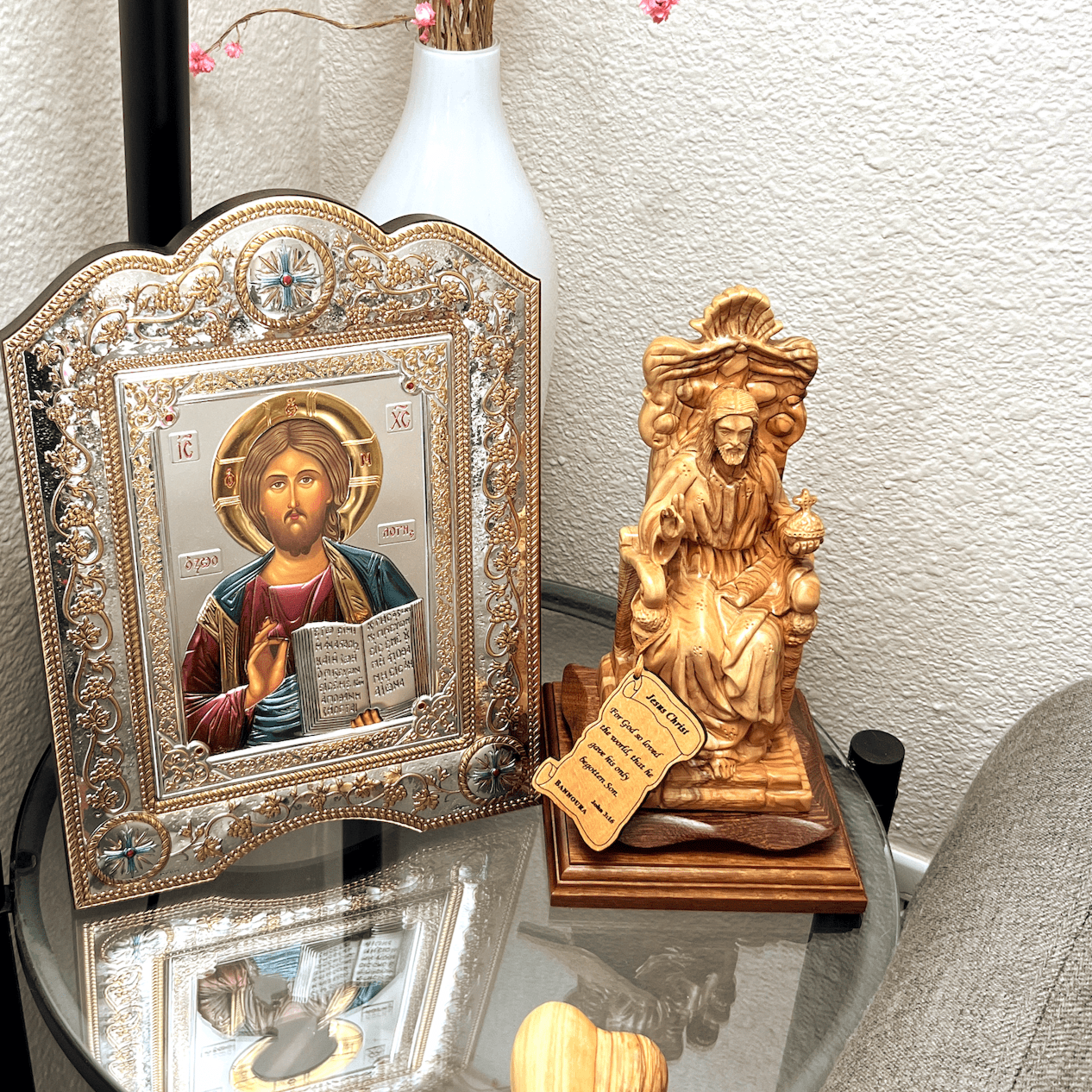 Jesus Christ Our Lord Sitting on His Throne, with Beautiful Wall Hanging Ten Commandments with Holy Land Incense inside Glass capsule , Next to Wooden Carved Heart, and beautiful Silver Icon of the Son of Man in Color , Orthodox Art 
