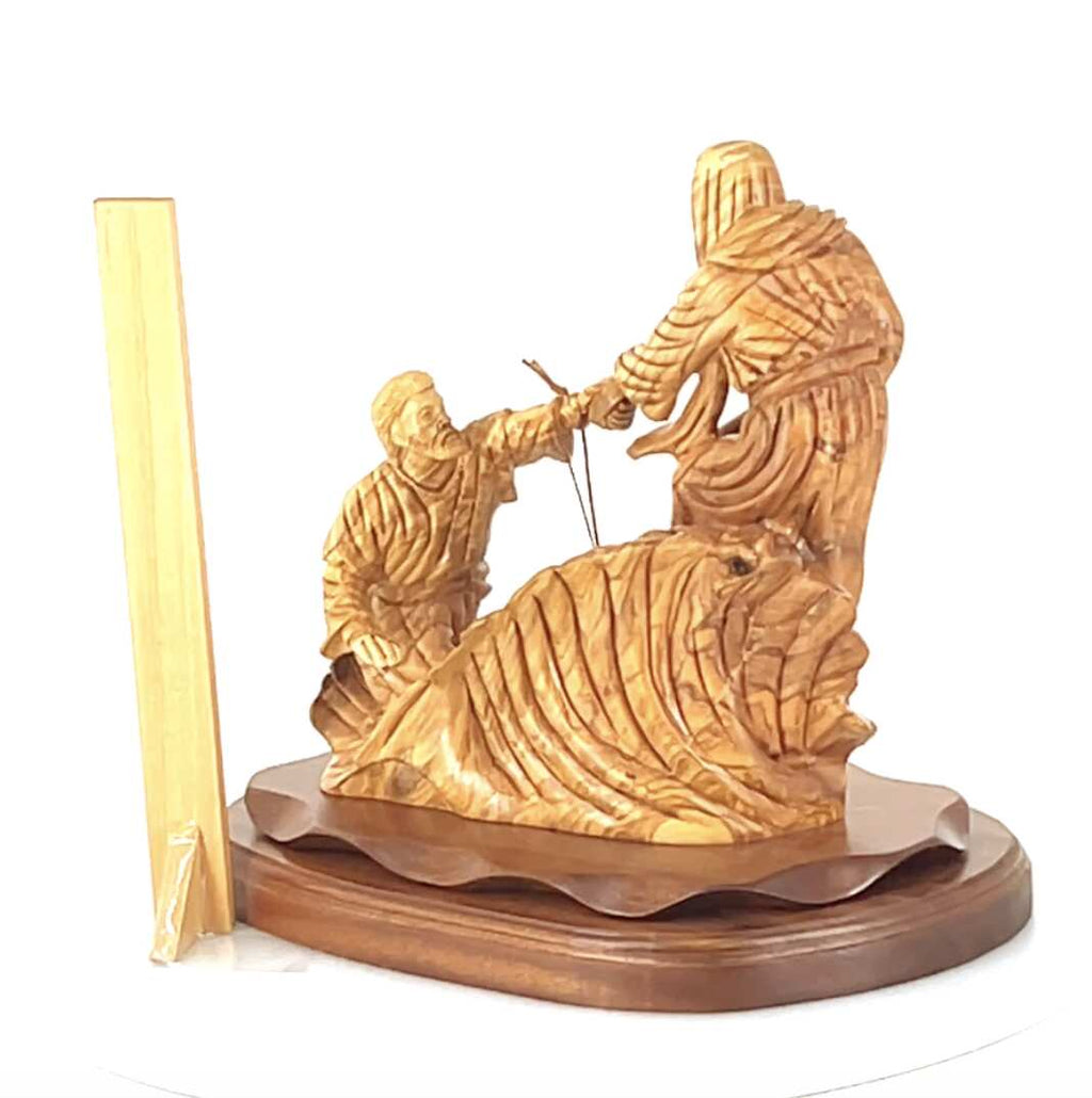 Jesus Christ statue hand carved from Bethlehem olive wood, 14.4 inch back view of the olive wood sculpture