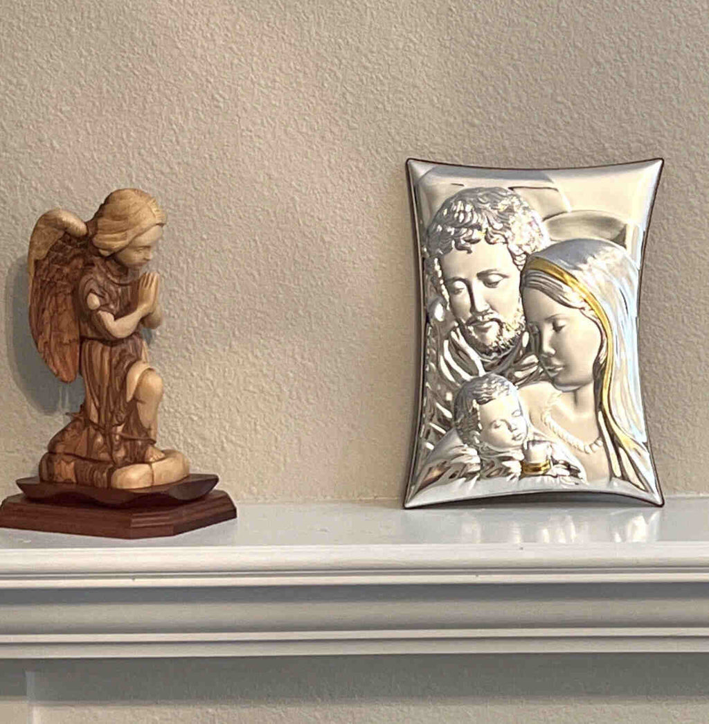 Holy Family Christian icon hand made in Bethlehem, side angle of the silver sculpture