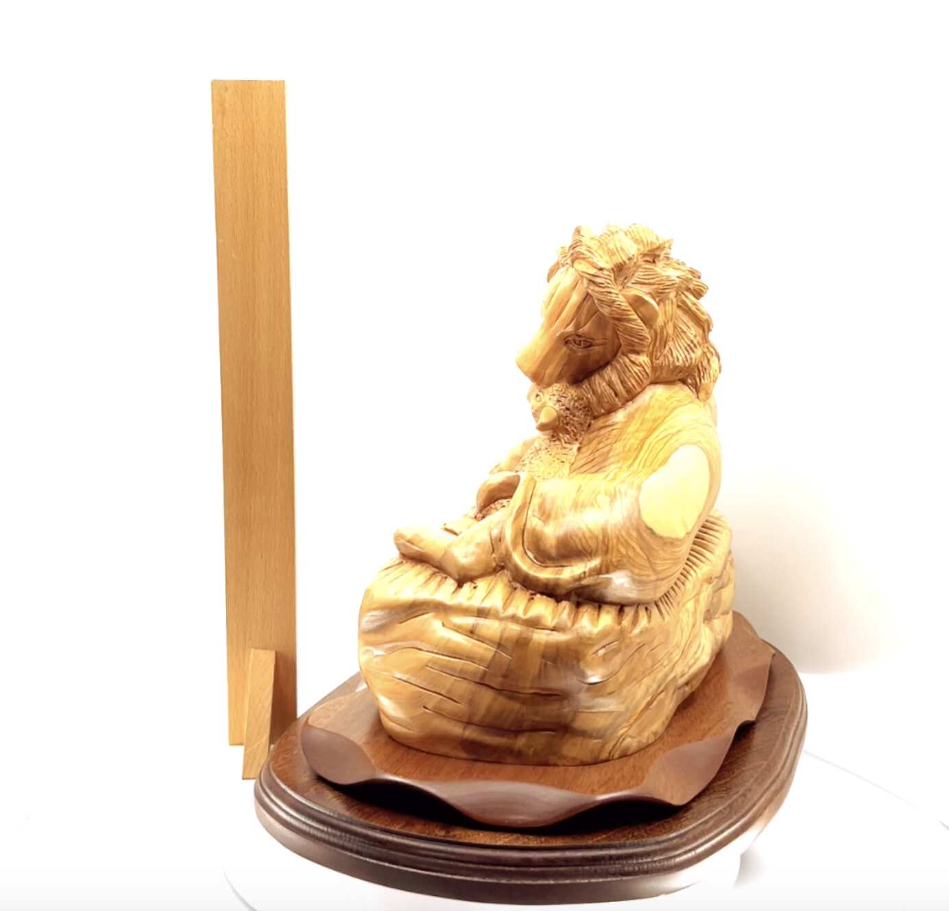 Lion with Lamb and Scripture of Corinthians, 13.8" Masterpiece Wooden Christian Carving