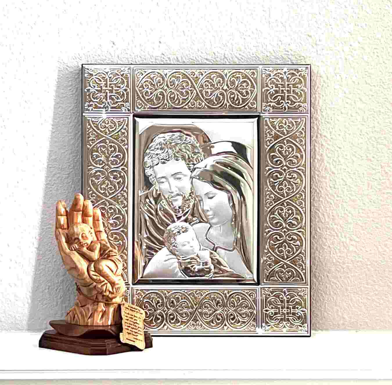 Holy Family with Baby Jesus Silver Plated Icon in Glass