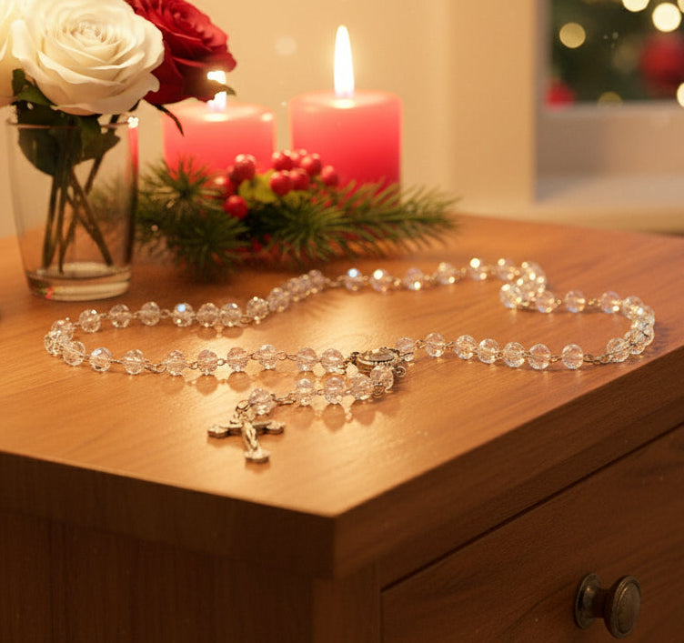 Rosary, Clear Crystal Beads, 18.5", Metal Chain, Bethlehem Handmade