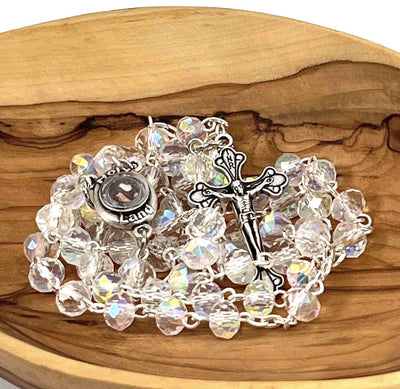 Rosary with Clear Crystal Beads, Metal Chain and 2" Crucifix, Made in Bethlehem