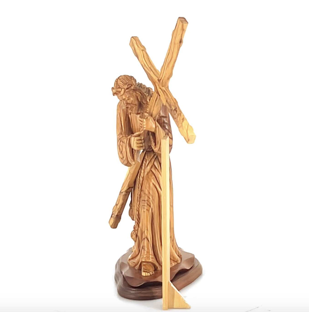 Jesus Christ olive wood cross from Bethlehem hand carved, 16.9 inch detail of the carved figure