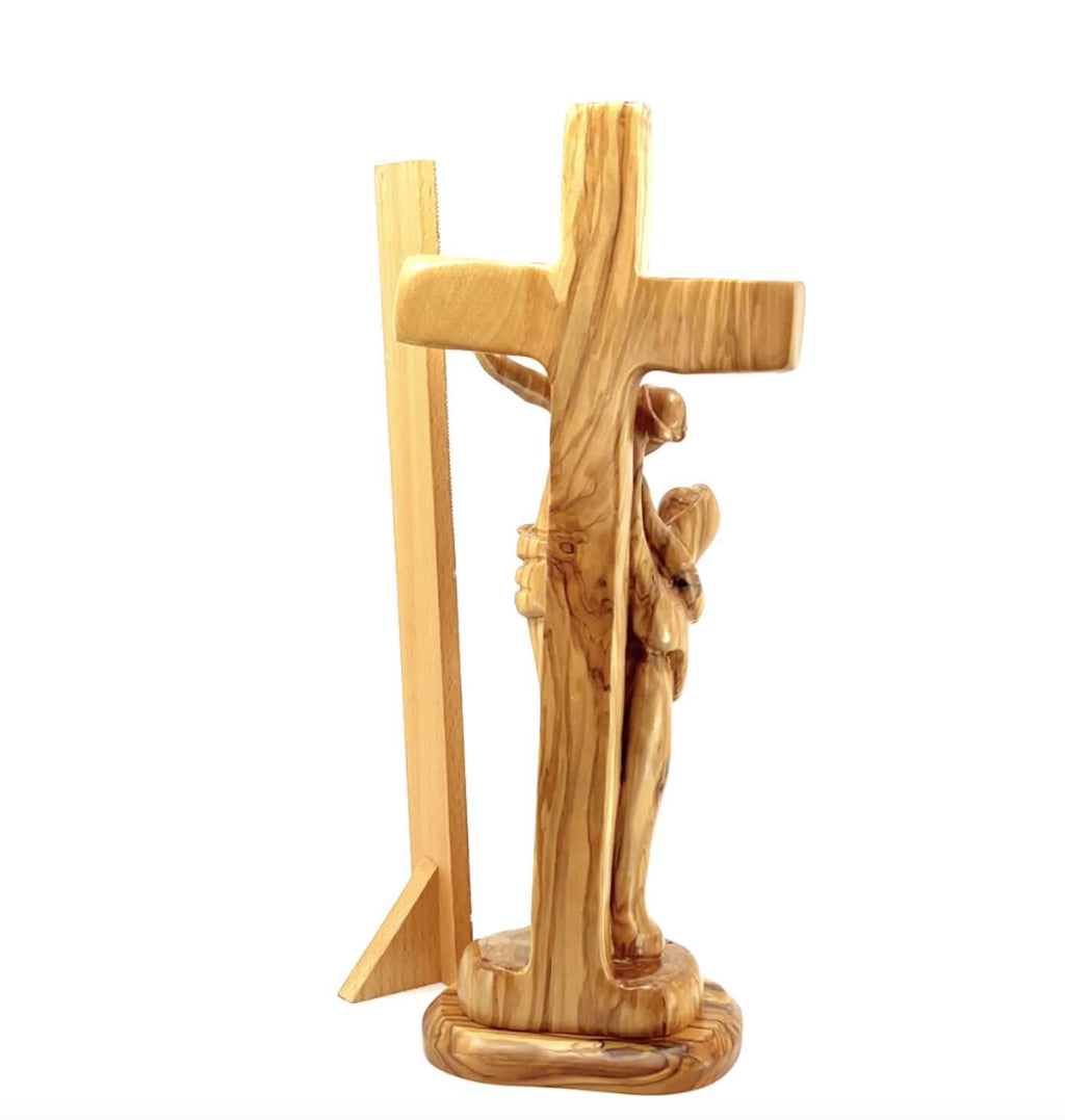 Jesus on Cross, Abstract 13" Carving, Made in Bethlehem from Holy Land Olive Wood