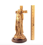Jesus Christ "Holding Cross" Sculpture, 12.6" Holy Land Olive Wood Carving