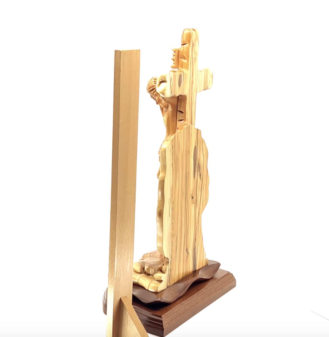 Jesus Christ olive wood wall cross from Bethlehem, 13.6 inch back view of the olive wood sculpture