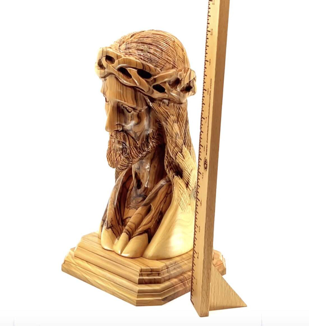 Jesus Christ statue hand carved from Bethlehem olive wood, 9.8 inch back view of the olive wood sculpture