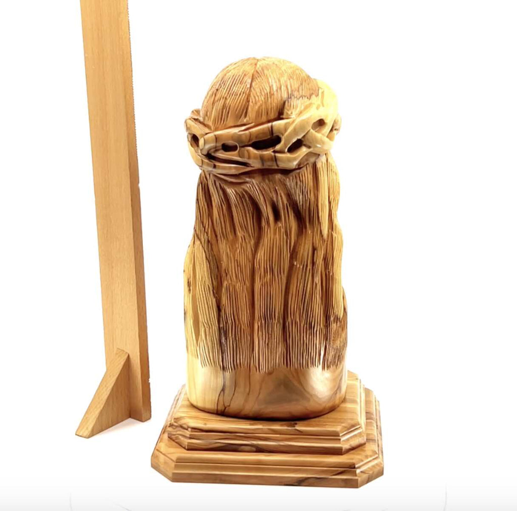 Jesus Christ statue hand carved from Bethlehem olive wood, 9.8 inch top angle showing detail of the craftsmanship