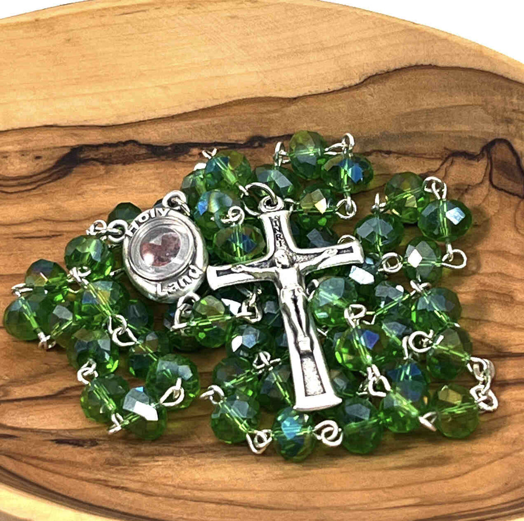 Rosary, Green Crystal Beads, 22.4", Metal Chain, Bethlehem Handmade