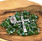 Rosary, Green Crystal Beads, 22.4", Metal Chain, Bethlehem Handmade