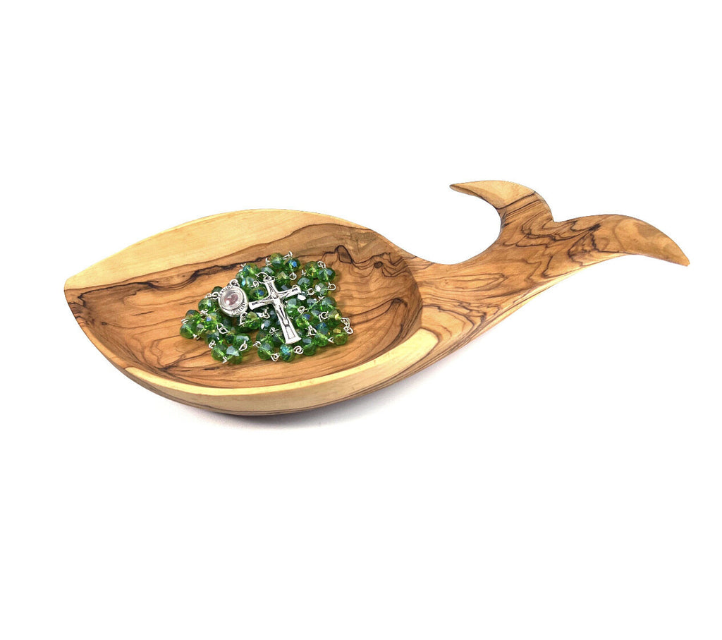 Rosary, Green Crystal Beads, 22.4", Metal Chain, Bethlehem Handmade