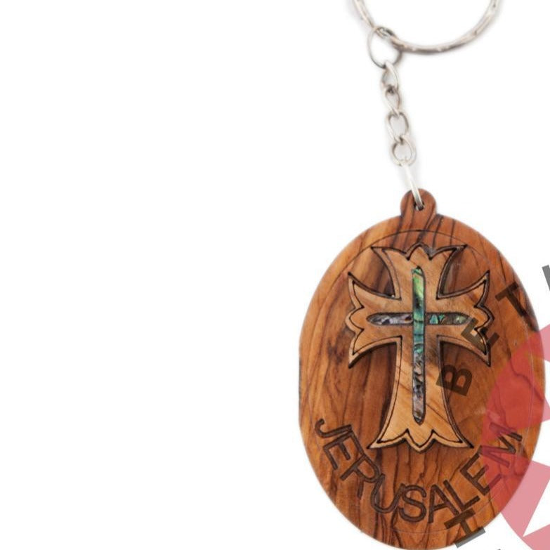 Olive Wood Cross Keychain with Mother of Pearl Inlay