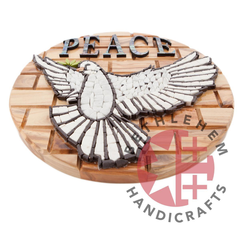religious mosaic wall art hand made in Bethlehem, 10.2 inch side angle of the olive wood sculpture