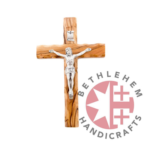 Olive wood crucifix hand carved in Bethlehem, 7.9 inch side angle of the olive wood sculpture