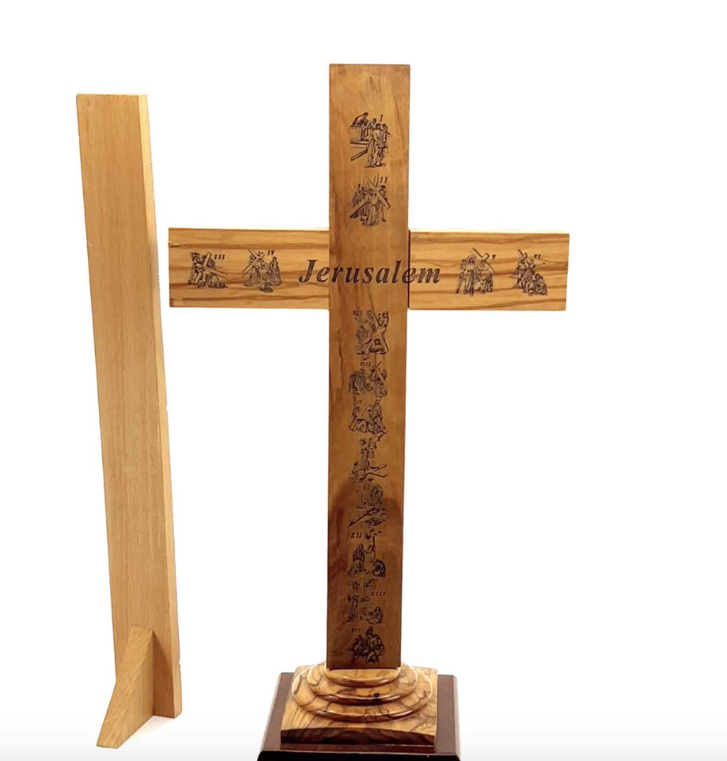 Olive wood crucifix hand carved in Bethlehem, 13 inch scale reference view