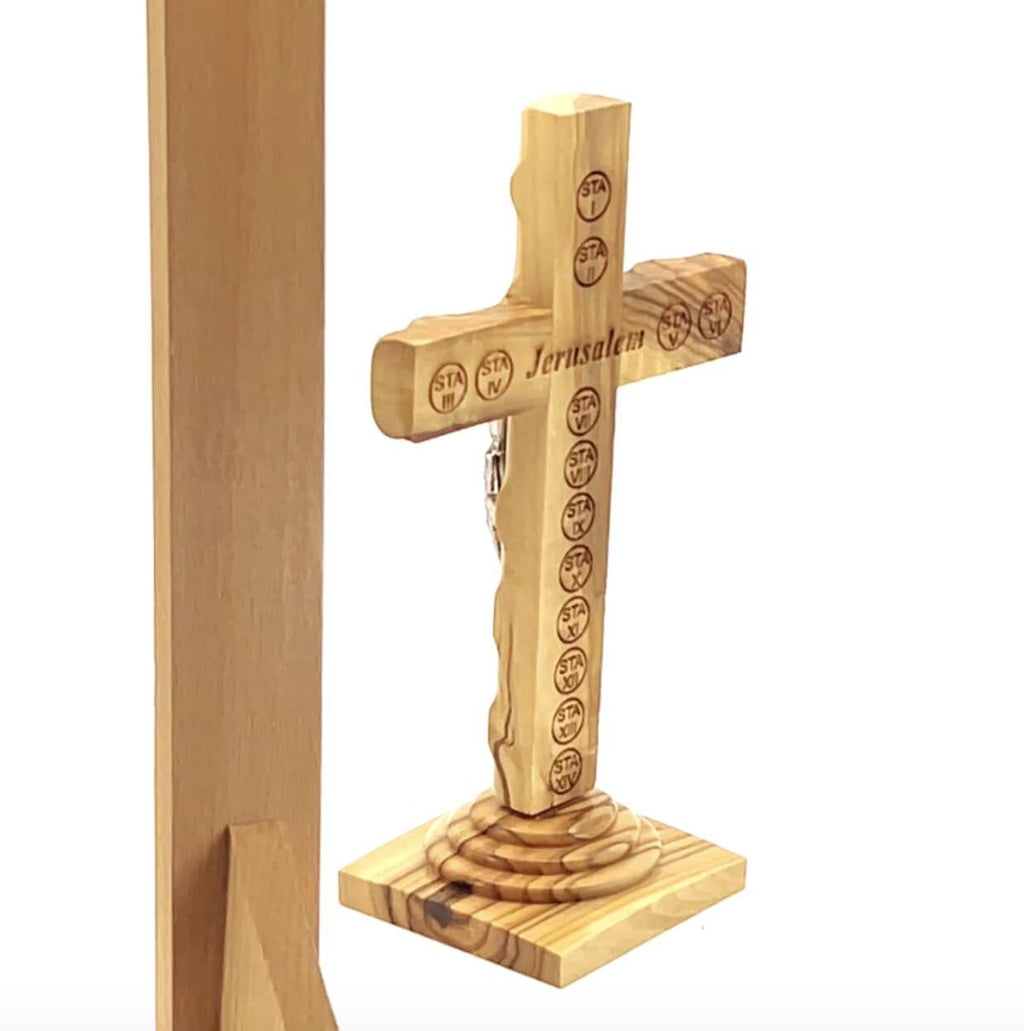 Standing Crucifix, 7.3", Holy Land Olive Wood with Soil in Glass Capsule