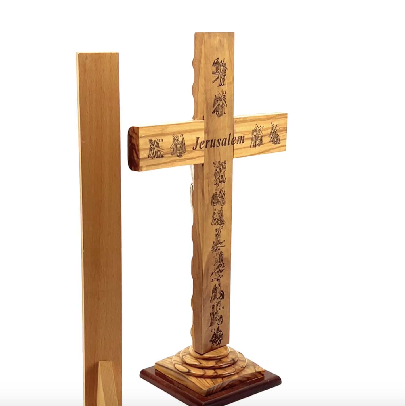 Olive wood crucifix hand carved in Bethlehem, 13 inch back view of the olive wood sculpture