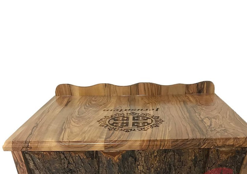 Jerusalem Cross olive wood cross from Bethlehem hand carved, three quarter view of the religious piece