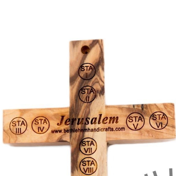 Olive wood crucifix hand carved in Bethlehem, 6.3 inch close detail of the hand carved work