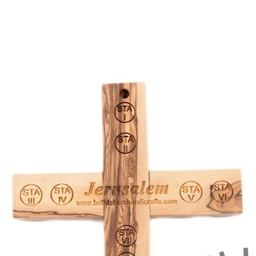 Olive wood wall cross hand carved in Bethlehem, 7.9 inch side angle of the olive wood sculpture