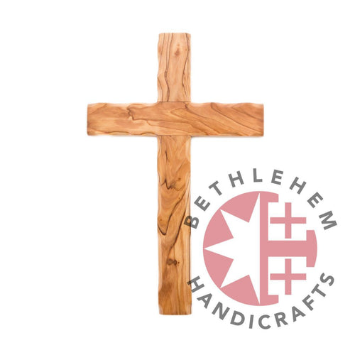 Olive wood wall cross hand carved in Bethlehem, 11.9 inch front view of the olive wood masterpiece