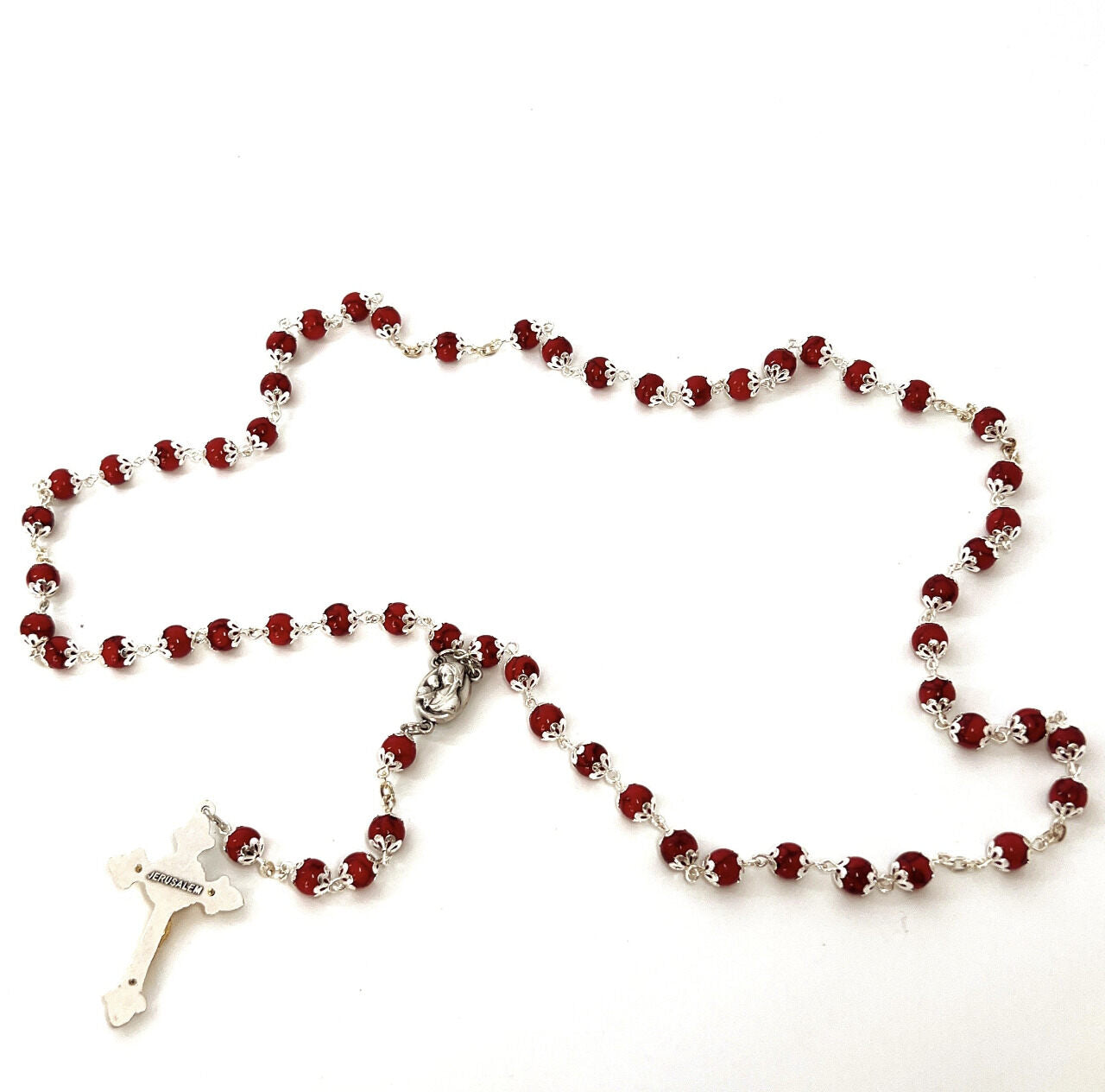 Rosary with Red Stone Beads, Metal Chain and 2" Crucifix, Made with Holy Land Coral Stone Beads