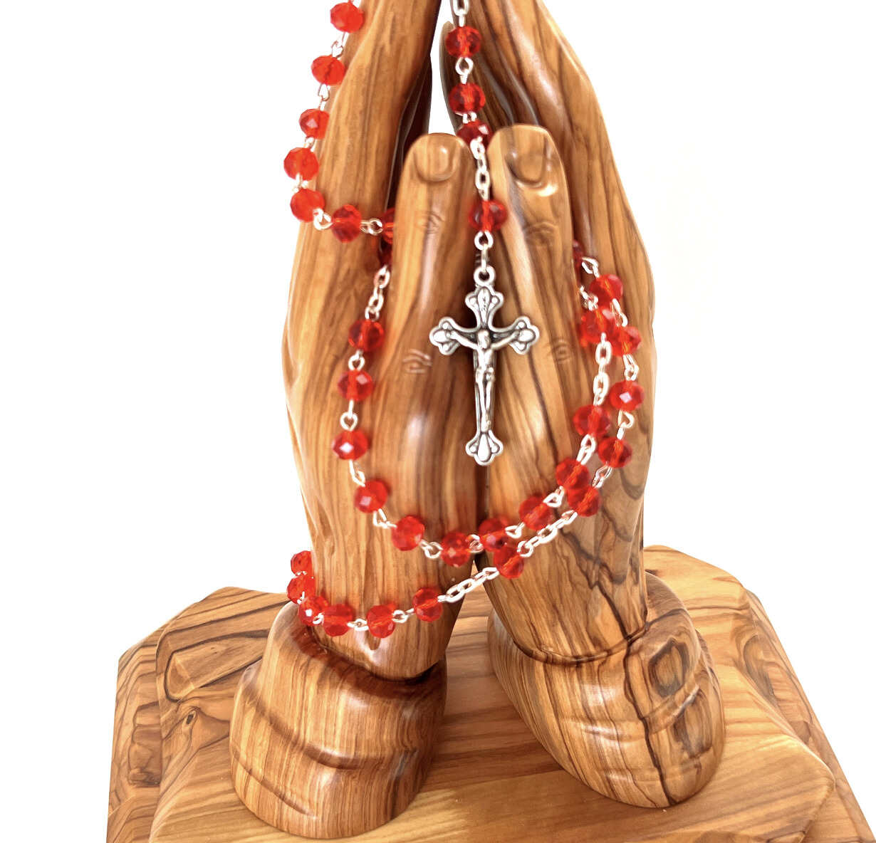 Rosary, Ruby Red Crystal Beads, 19.2", Metal Chain, Bethlehem Handmade