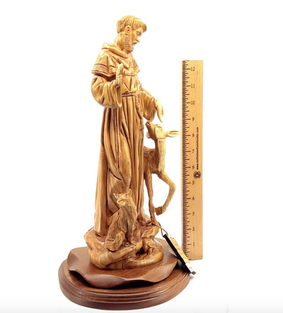 St. Frances Assisi with Deer Masterpiece, 15.4" Wood Carving from Holy Land Olive Wood