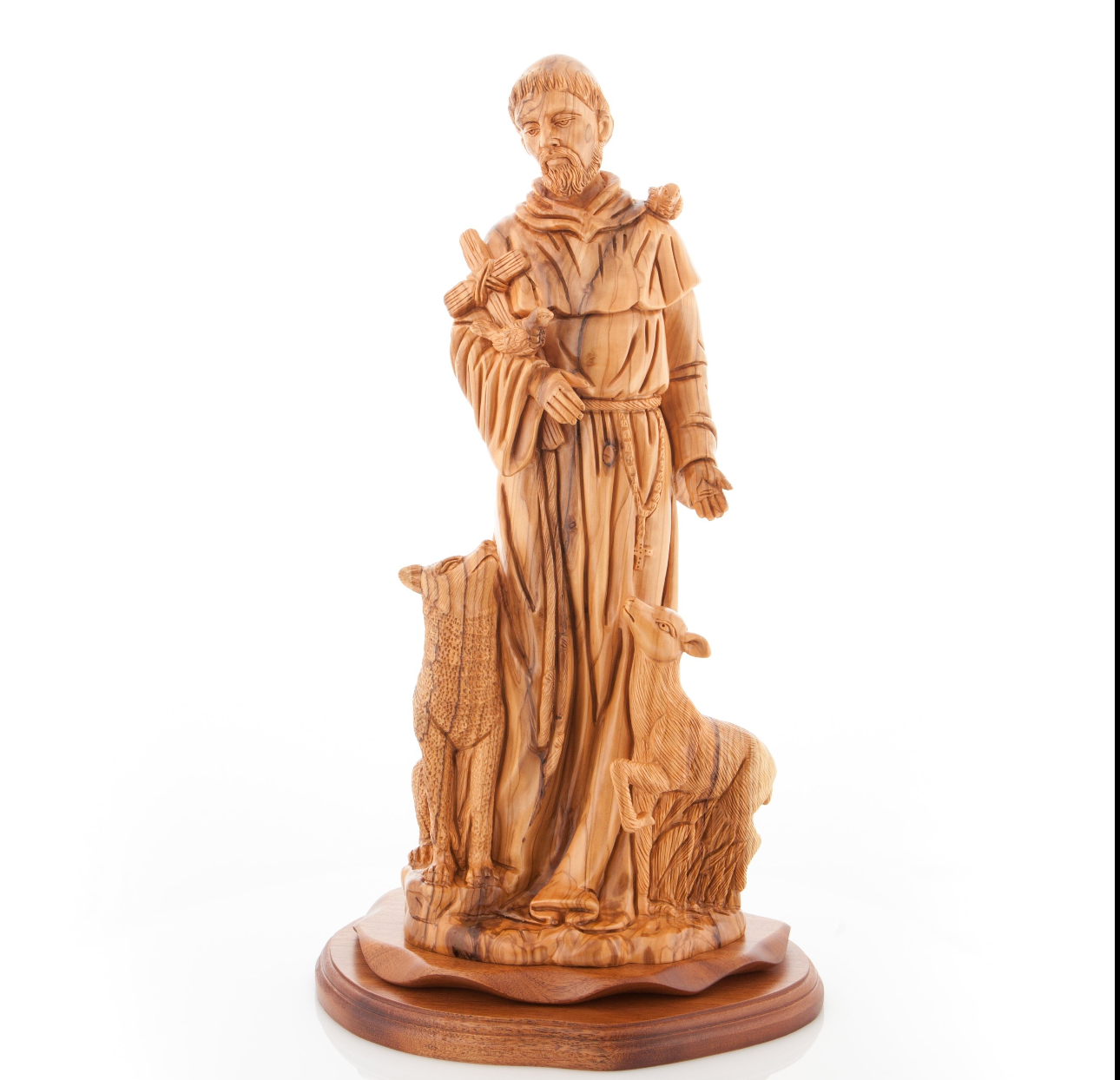 Saint Francis of Assisi, Patron of Animals Statue Standing with Fox and Deer, Tall Carved Masterpiece Hand Made Sculpture from Holy Land Olive Wood Hand Made Art decor for Church 