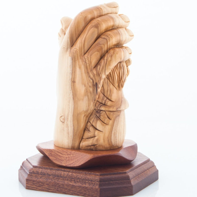 Protected by the Hand of God Carving with Girl Sculpture from Olive Wood with Dark Brown Mahogany Base