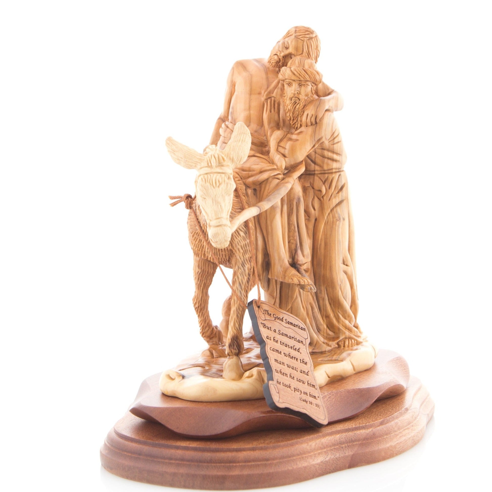 The Good Samaritan Jesus Christ Sculpture, Riding on Donkey, Biblically Inspired Christian Art  Masterpiece Carved from Olive Wood 