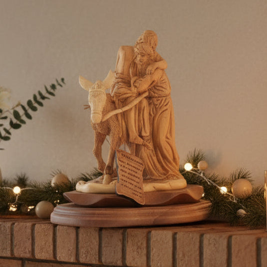 The Good Samaritan Jesus Christ Sculpture, Riding on Donkey, Biblically Inspired Christian Art  Masterpiece Carved from Olive Wood 