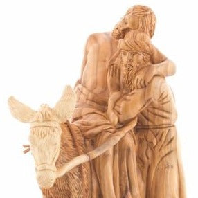 The Good Samaritan of Jesus Christ Sculpture, Riding on Donkey, Biblically Inspired Christian Art  Masterpiece Carved from Olive Wood 