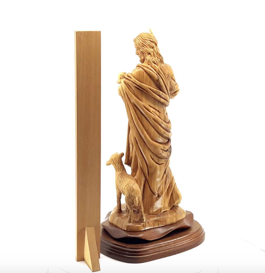 Good Shepherd statue hand carved from Bethlehem olive wood, 12.6 inch scale reference view