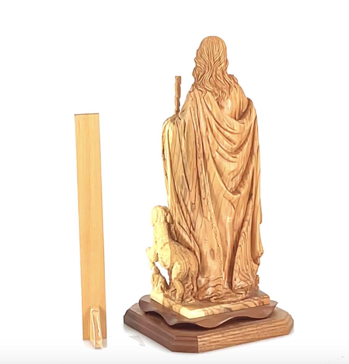 Good Shepherd statue hand carved from Bethlehem olive wood, 16.5 inch detail of the carved figure