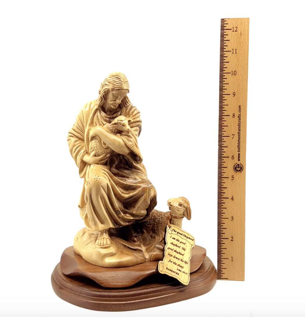 Good Shepherd statue hand carved from Bethlehem olive wood, 10.5 inch side angle of the olive wood sculpture