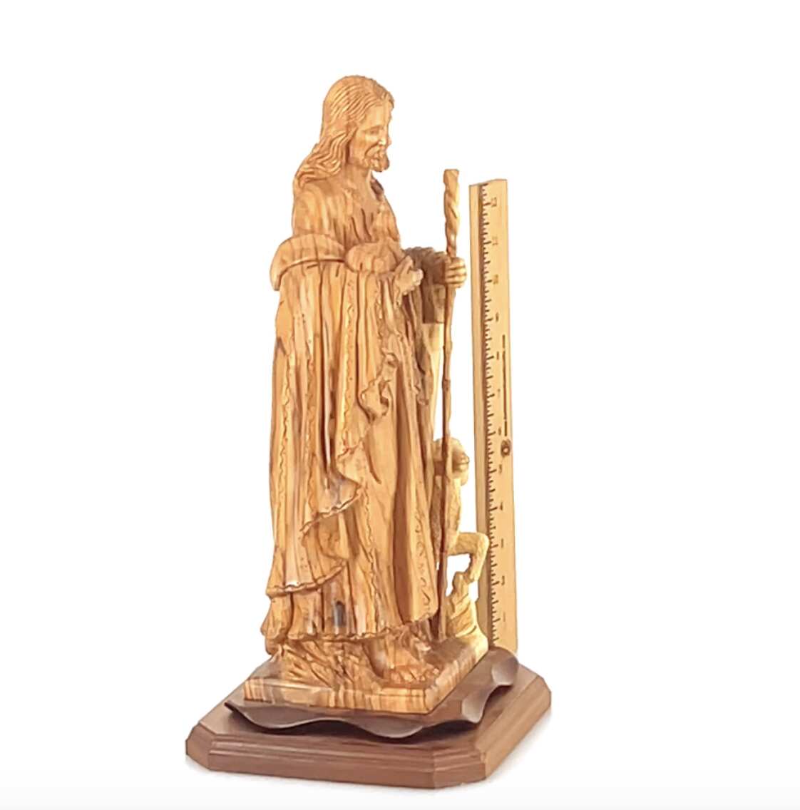 Good Shepherd statue hand carved from Bethlehem olive wood, 16.5 inch scale reference view