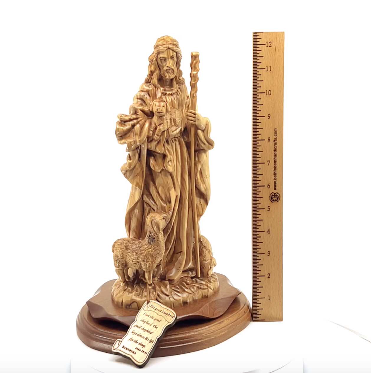 Jesus Christ "The Good Shepherd" Statue, 12.6" Carved from Holy Land Olive Wood in Bethlehem