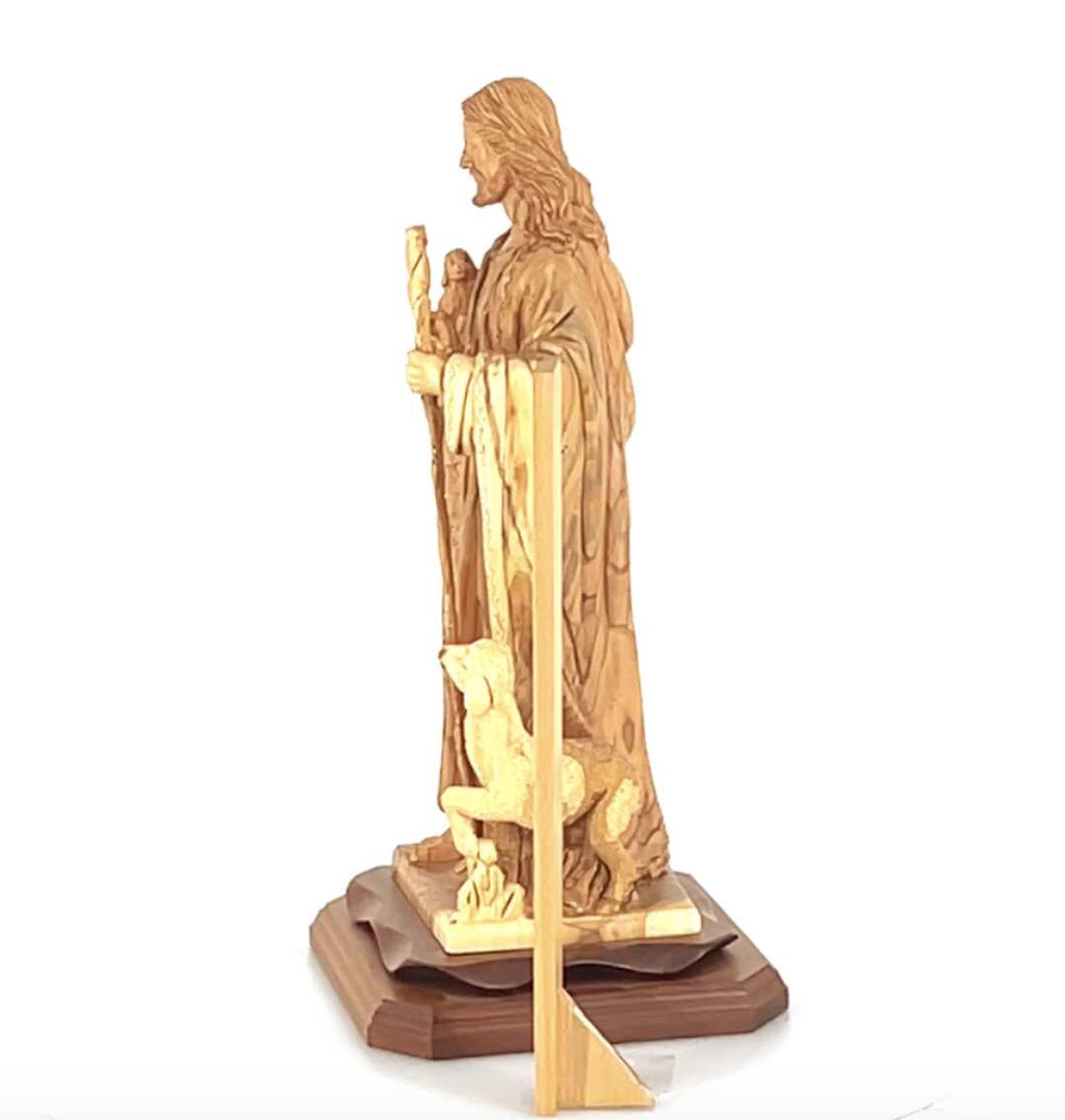 Good Shepherd statue hand carved from Bethlehem olive wood, 16.5 inch close detail of the hand carved work