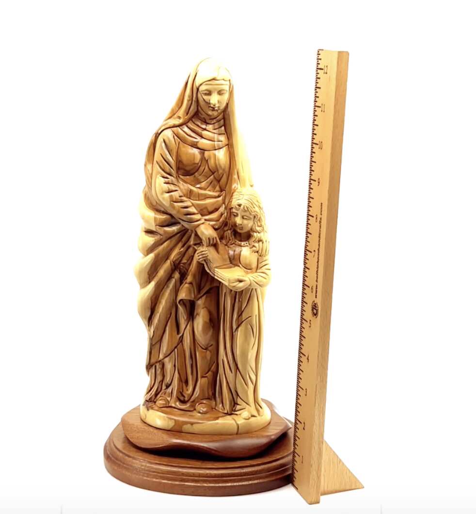 Good Saint Anne with Young Virgin Mary, 13.5", Handmade Sculpture from Olive Wood Statue