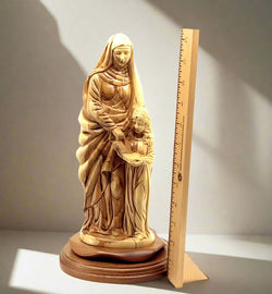 Virgin Mary olive wood statue from Bethlehem hand carved, 13.5 inch front view of the olive wood masterpiece