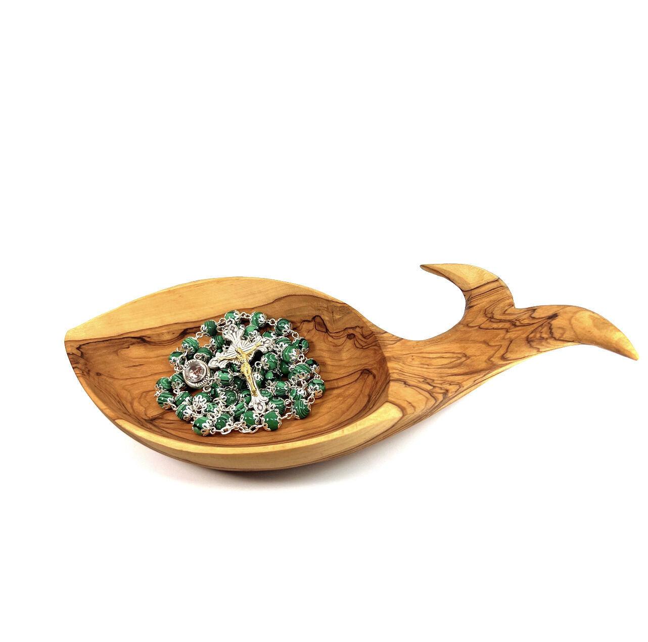 Rosary, Green Stone Beads, 22.4", Metal Chain, Bethlehem Handmade