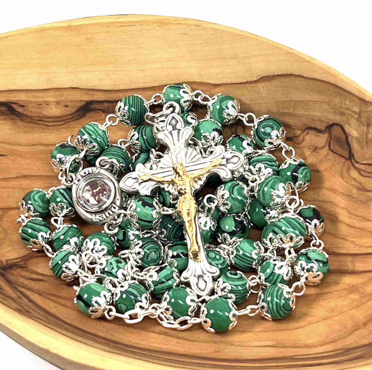 Rosary with Green Stone Beads, Heavy Coral Prayer Beads with 2" Crucifix