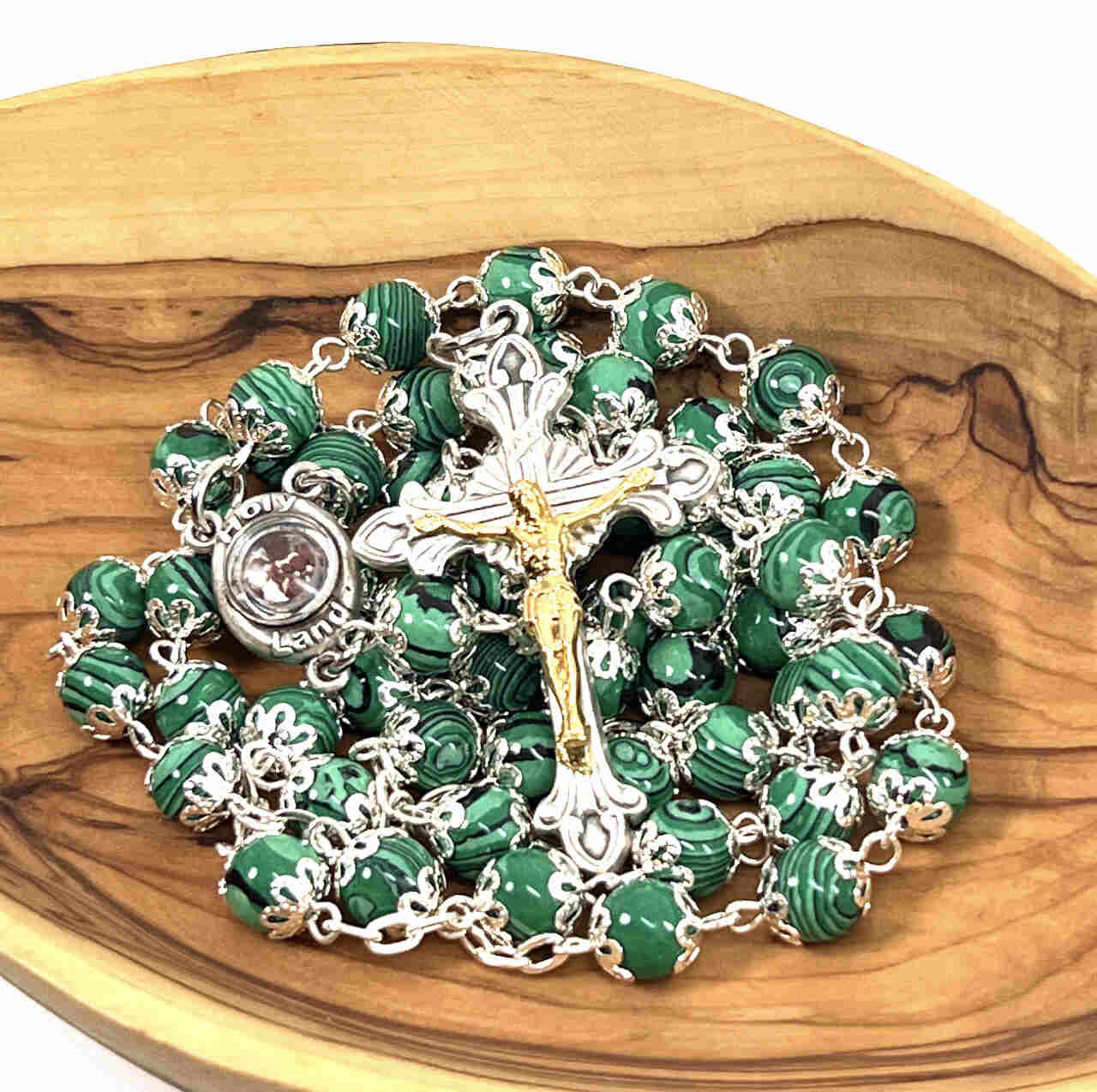 Rosary, Green Stone Beads, 22.4", Metal Chain, Bethlehem Handmade